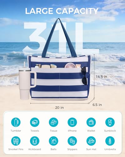 Image of WANDF Beach Bags for Women, Large Waterproof Sandproof Beach Tote Bag with Zipper Family Pool Bags with 40oz Tumbler Pocket, Swim Cruise Vacation Essentials (Navy Blue)