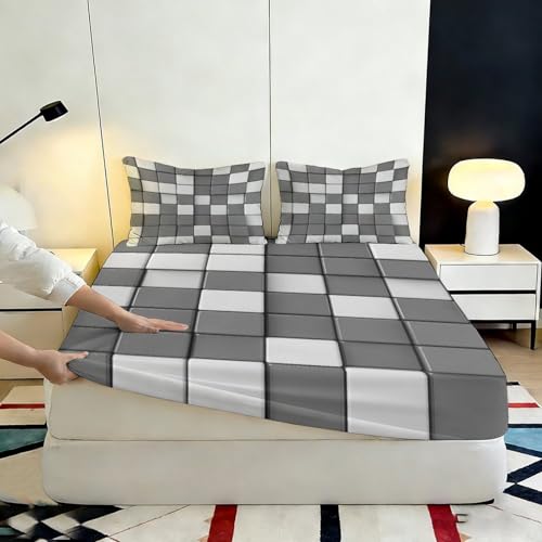 Drap housse mosaïque géométrique en microfibre grise pour matelas 90x200x25cm