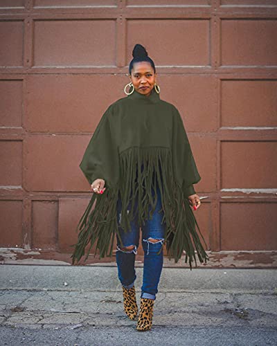 Remelon Womens Pullover Fringe Sweatshirt Tops Loose Long Sleeve Mock Neck Tassel Shawl Wrap Jacket Streetwear Armygreen #TOP2