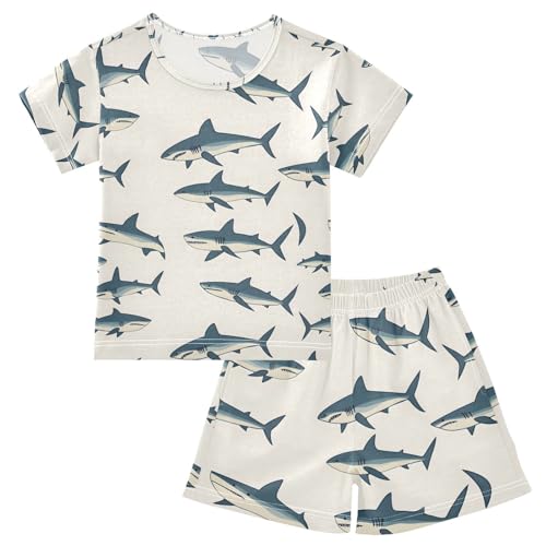 ALAZA Shark Cute Cartoon Pajamas Set Short Sleeve Cotton Sleepwear Summer Pjs 2 Piece 5-14Y