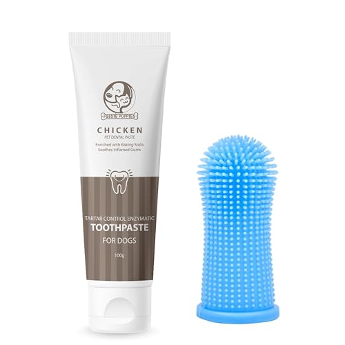 Image of Foodie Puppies Pet Dental Oral Care Combo of Toothbrush and Toothpaste - (Silicone Toothbrush + Chicken Toothpaste, 100gm) Enriched with Baking Soda Soothes Inflame Gums and Finger Brush