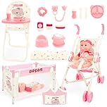 deAO 12in Baby Doll Nursery Set, Pretend Role Play Cot Toy, Dolls Nursery Accessories Include Stroller, High Chair, Feeding Accessories, Storage Bag, Baby Doll Care Play Set for Girls 3+​​