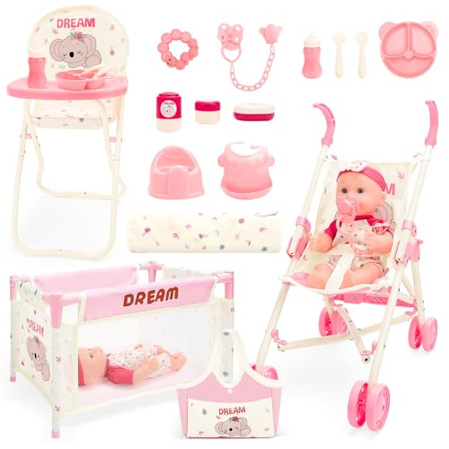 deAO Puppenbett und Twin Puppe Set, 13-teiliges Puppen Zubehör mit Puppen...