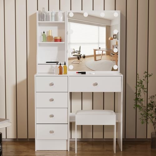 White Vanity Desk with Led Mirror, Lighting Modes Adjustable Brightness, Cute Vanity Table Set with Stool, 5 Drawer and Sliding Mirror, 80x36x130 cm Bedroom Dressing Table