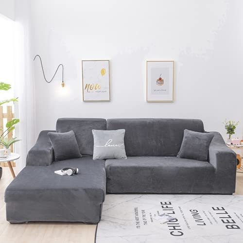 Couvre canape en forme de l gris housse canape dangle velours 2 pieces - 8