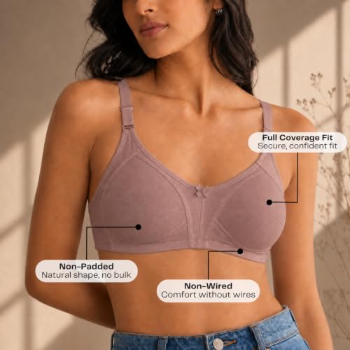 Image of INKURV Seamless Bra for Women Full Coverage | Cotton Hosiery T-Shirt Brassiere - Non Padded Wireless Lift for Everyday Wear| Moulded Cups for Chest Lifting- SAGE