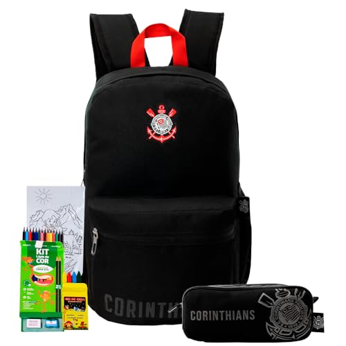 Kit Mochila Estojo Corinthians Timão Poliéster Reforçado Preto Alça Acolchoada Grande Espaçosa (Preto)
