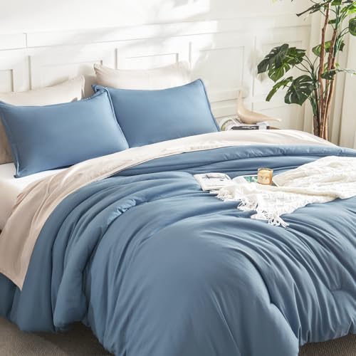 Image of Litanika Oversized King Comforter Set Grayish Blue Super King Plus Size, 3 Pieces Lightweight Solid Bedding Comforter Set, All Season Fluffy Bed Set (128x120In Comforter & 2 Pillowcases)