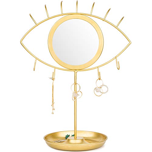 Dahey Makeup Desk Mirror Eye Shaped Tabletop Mirror with Jewelry Holder for Dresser Vanity Table Home Decor for Living Room Bedroom Apartment,Gold
