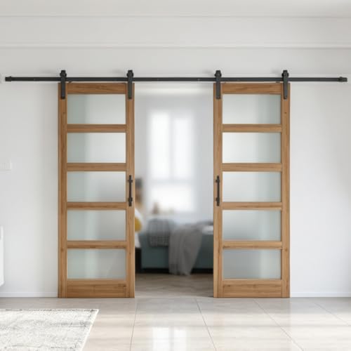 Image of FREDBECK 60 x 80 inch Frosted Glass Barn Doors with Hardware Kit Included