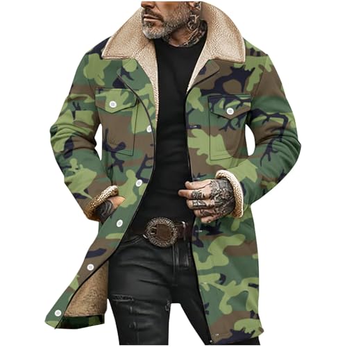 Overcoat For Men Mid‑Long Outerwear Camouflage Jacket Sherpa‑Lined Coats