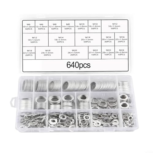 Alanmoship 640 Pcs Aluminium Sealing Ring Assortment Metric Oil Drain Seals Set M6-M24 Car Truck Parts Exterior Mouldings Trim Automotive Marine Industrial