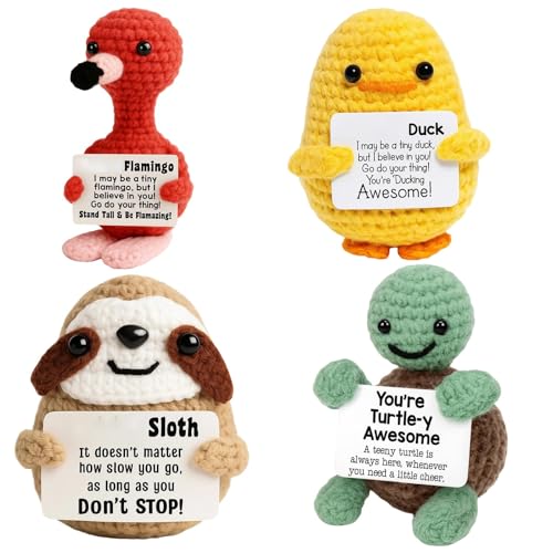 4PCS Positive Crochet Animals Decor for Desk and Car Dashboard Emotional Support Gift for Students During Exams and Office Workers Handcrafted Crochet Animals Set