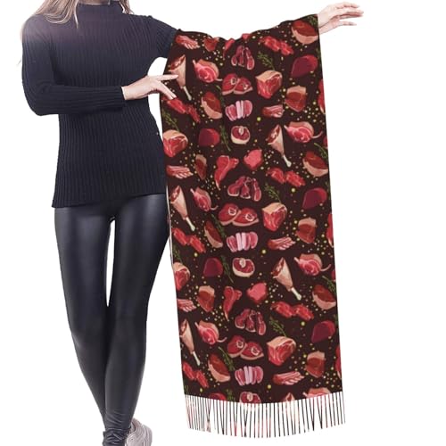 HDTVTV Écharpe à pompons en imitation cachemire, idéale pour le printemps, l'automne et l'hiver, chaude et douce, effet plaid à pompons. Motif steak – vue 2