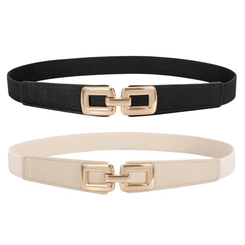 2 Pack Women Skinny Elastic Waist Belt for Dress Ladies Thin Stretch Belt with Gold Buckle