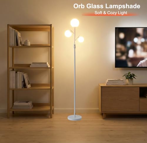 Image of Fiqevs Mid Century Modern 3 Globe Tree Floor Lamp - Dimmable LED Standing Lamp with Bulbs, Warm Light for Living Room Bedroom Office - White