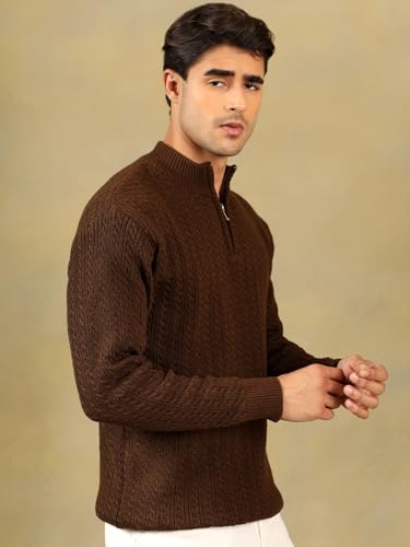 Image of Kvetoo Men's Full Sleeve High Neck Zipper Sweater| Warm Cable Knit Quarter Zip Pullover | Wool Winter Sweater for Casual & Office Wear