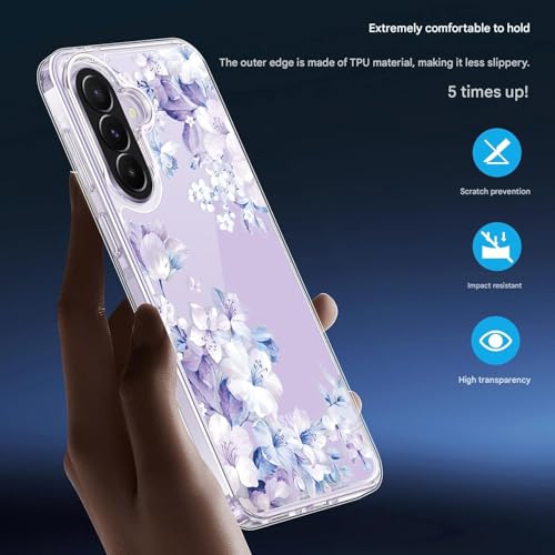 Image of Elzzi Clear Transparent Flower Cover for Samsung A57 5g Case Shockproof Case Floral Design Full Camera Protection Shockproof PC+TPU Covers for Girls & Women (Purple)