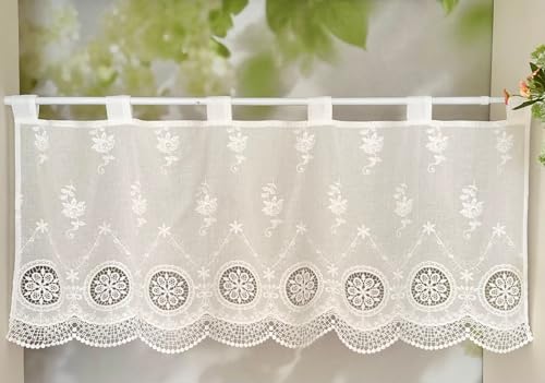 Jeeman Rideau court en pur coton - Broderie - Romantique - Avec pointes perforées - Style maison de campagne - Rideau brise-bise - Rideau de cuisine - Blanc - 30 x 120 cm (H x l) - 1 pièce