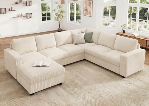 Image of HONBAY Corduroy Sectional Sofa with Storage, U Shape Sofa with Chaise, 7 Seater Sectional Couch for Living Room, Beige