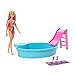 Barbie Doll & Pool Playset with Pink Slide, Beverage Accessories & Towel, Blonde Fashion Doll in Tropical Swimsuit