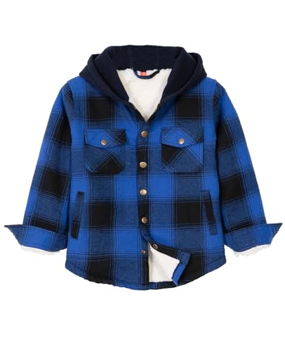 Toddler Boy Girl Sherpa Lined Flannel Shirt Fleece Jacket Winter Warm Hooded Plaid Sweatshirt Shacket Coat Blue 5T