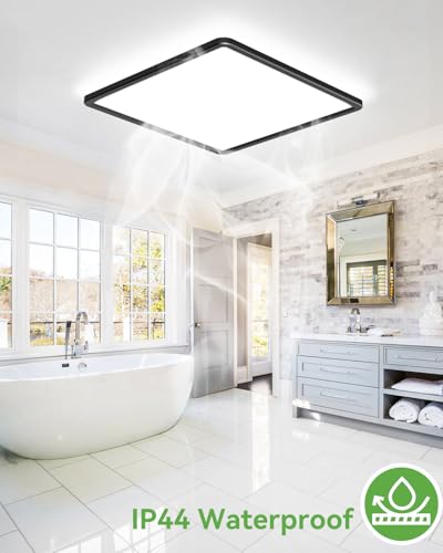 zemty 36W 4200LM 42CM LED Ceiling Light, 3000K/4500K/6000K Black Bathroom Lights Waterproof, Square Flush Modern Ceiling Lighting for Kitchen Bedroom Living Room Office
