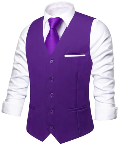 Image of Hi-Tie Men's Formal Suit Vest Solid Fit Vest for Men 3 Pockets V Neck Waistcoat Business Wedding Casual