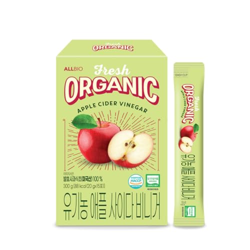ALLBIO Organic Apple Cider Vinegar Sticks | 0.71oz x 15 Pack | USDA Organic, Non-GMO, Sugar-Free | Raw, Unfiltered, With the Mother | Portable Individual Packets for Travel, Office, Gym, Daily Use