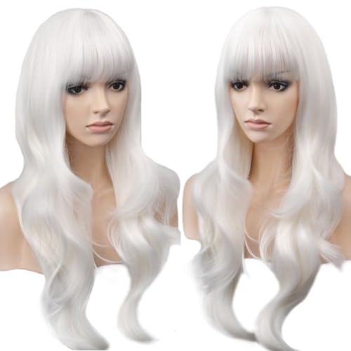 YEESHEDO 28" 70 cm Long Wavy Curly Hair Cosplay White Wigs with Fringe for Women Heat Resistant Synthetic Wig for Halloween Party Costume Anime,Snow White - Image 2