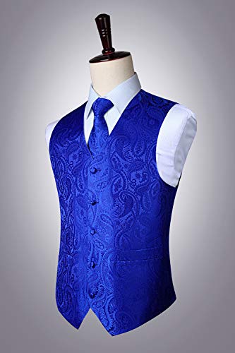 Hisdern Men's Vest Tie Set Paisley Floral Jacquard Casual Silk Necktie Pocket Square Waistcoat For Suit Or Tuxedo Rolay Blue #TOP6