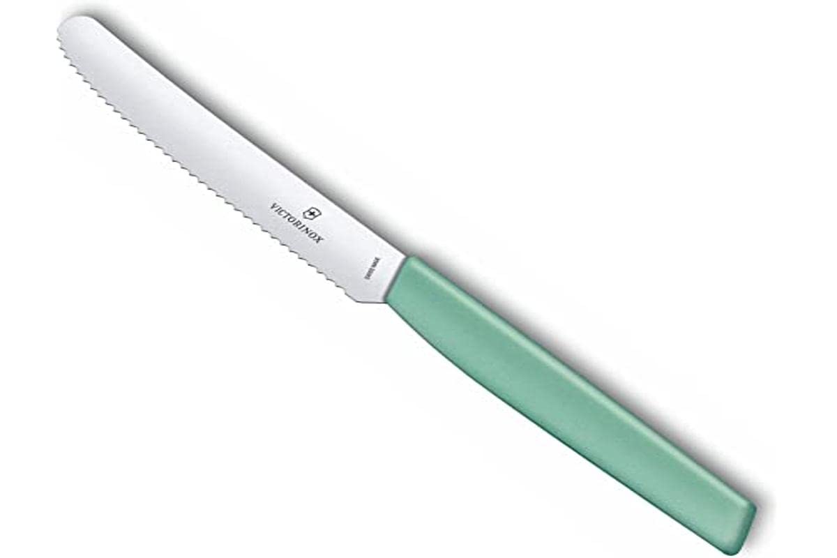 Victorinox Stainless Steel Kitchen Knife, Swiss Modern 11 cm Multipurpose, Round Tip Wavy Edge Knife for Professional and Household Kitchen, Mint Green, Swiss Made