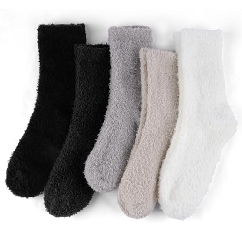 Okxiri 5 Pairs Fluffy Socks Womens Fuzzy Socks, Cozy Winter Sleep Sock for Women, Girls, Kids, Warm Microfiber Soft Sock (Dark Colors)