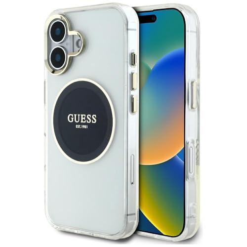 CG Mobile Guess IML Metal Colored Circle Logo Classic Compatible avec MagSafe pour iPhone 16 (Noir)
