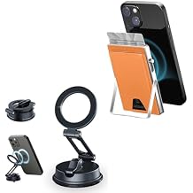 Magnetic Card Holder with Stand Brown Bundle with Suction Cup Car Mount, 360 Rotation, Foldable, Reusable, Dashboard Car Mount for iPhone 16 15 14 13 12 Android
