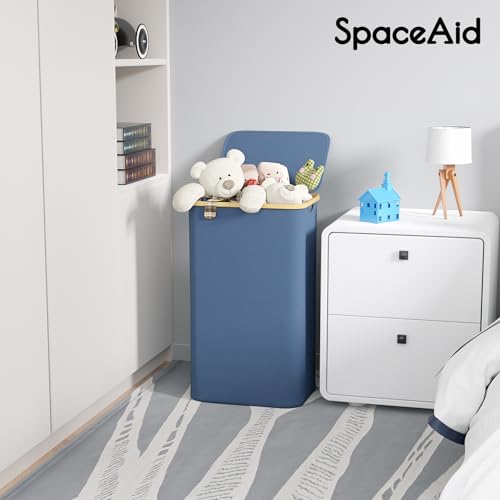 SpaceAid Laundry Hamper with Lid, 110L Large Tall Clothes Basket Bin with Bamboo Handles, Collapsible Laundry Hamper for Bedroom, Bathroom, Dorm, Laundry Room - Blue