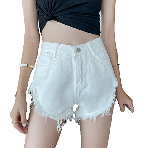 Women's Hem Tassels Denim Shorts High Waist Split Metah Chain Short Jeans Distressed Fray Hem Chain Denim Shorts (Large,White)