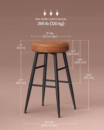 Image of VASAGLE EKHO Collection - Bar Stools Set of 2, Kitchen Counter Stools, Breakfast Stools, Synthetic Leather with Stitching, Mid-Century Modern, 24.8-Inch Tall, Home Bar, Caramel Brown ULBC080K01V1 | Breakfast Stools, Synthetic Leather with Stitching, Mid-Century Modern, Home Bar, Caramel Brown, EKHO Collection ULBC080K01
