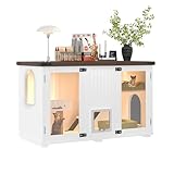 47.25 Inch Multi-Functional Hidden Cat Litter Box Enclosure with Smart Door & LED Light, Modern Cat House with Scratching Post & Stairs, Can be Used as Side Table/TV Stand - White