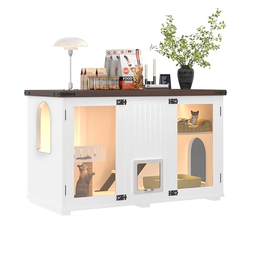 47.25 Inch Multi-Functional Hidden Cat Litter Box Enclosure with Smart Door & LED Light, Modern Cat House with Scratching Post & Stairs, Can be Used as Side Table/TV Stand - White