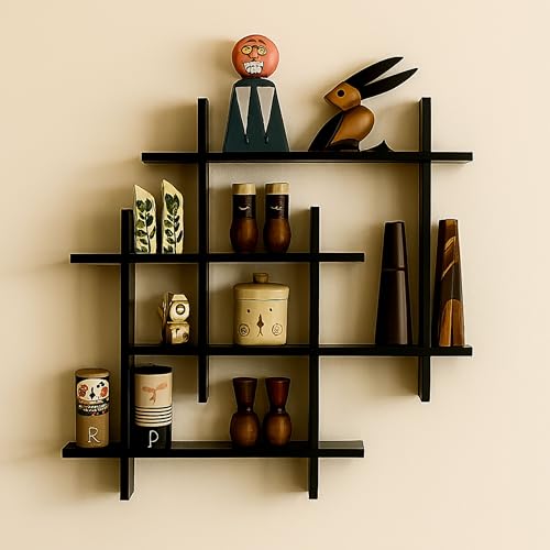 Image of Interlocking Wooden Wall Shelves Set of 1 Floating Wall Mounted Shelves for Home Decor | Storage Display Rack for Living Room, Bedroom & Office | Modern Wall Decoration Items (Black)