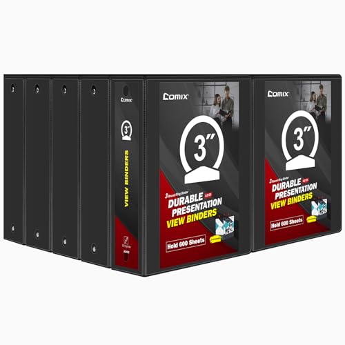 Image of COMIX Sturdy 3 Ring Binder 3 Inch with Clear View Cover | 3 inchHeavy Duty Round Ring,PVC-Free 2.4mm Board,Holds 600 Letter Sheets,Wholesale for Offices & Classrooms,10 Pack (Black)