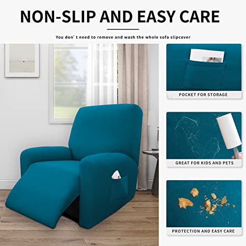 Image of Easy-Going 4 Pieces Waterproof Recliner Chair Slipcover Washable | Stretch Soft Couch Cover for Dogs, Sofa Slipcover for Recliner Couch Furniture Protector for Kids, Pets Peacock Blue