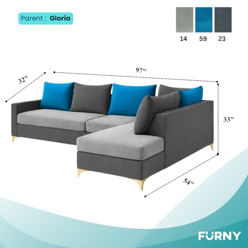 Image of FURNY Gloriss 6 Seater Fabric RHS L Shape Sofa Set with Multi-Color Aqua Blue Cushions (Light Grey-Dark Grey) Premium Velvet Finish with Golden Legs | Ideal for Living Room, Offices
