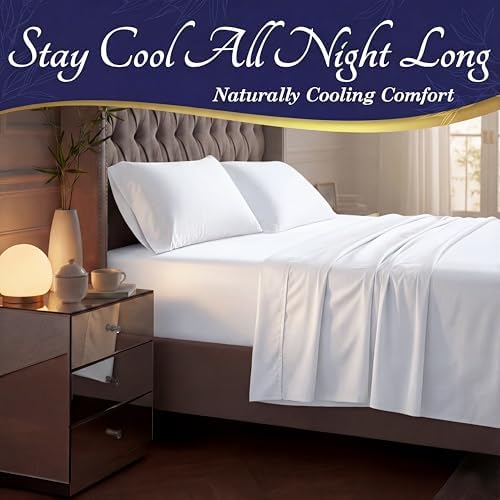 DECOLURE 100% Organic Bamboo Viscose Sheets Queen Size 4 pcs - Ultra Soft & Luxuriously Cooling, 16" Deep Pocket, Double Stitching, Perfect for Hot Sleepers - Luxury Queen Bed Sheets Set (White) - 2