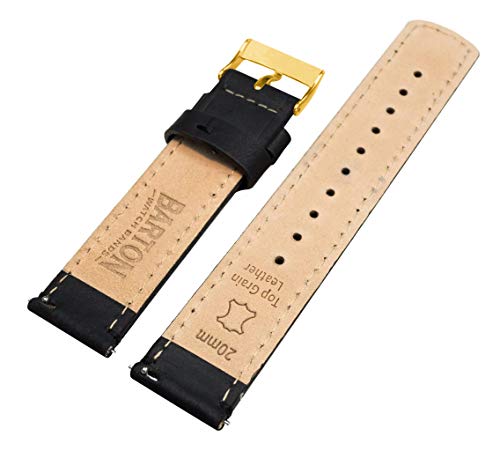 Image of Barton Quick Release Leather Gold Buckle Watch Band Strap - Choose Color - 16mm, 18mm, 20mm, 22mm or 24mm - Black 18mm