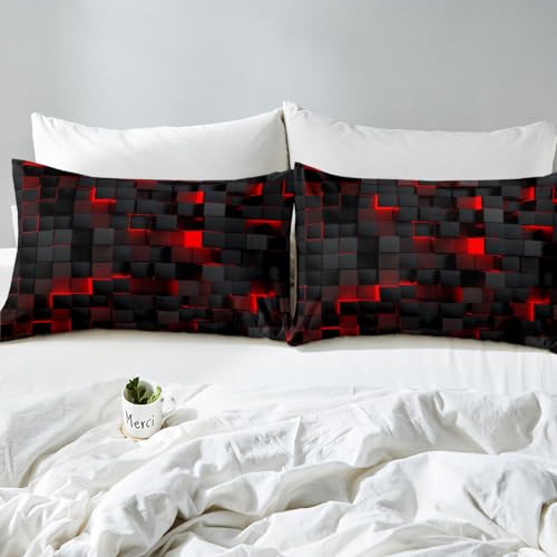Red And Black Boys Bedding Set Double Size Neon Geometric Checkered Kids Comforter Cover Teen Men Abstract Square Grid Duvet Cover Glowing Plaid Check Bed Set Modern Room Decor - Image 4