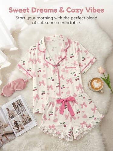 Image of KevaMolly Women Novelty Knotted Candy Cane Christmas Pajama Set | Christmas Floral Bow Print PJ Set, Button Lapel Knotted Drawstring Shorts with Convenient Side Pockets