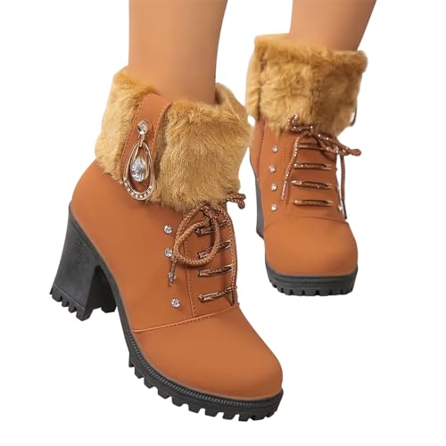 Women Winter Chunky Heel Ankle Boots, Casual Rhinestones Decor Shoes Warm Lined Lace Up Ankle Booties2