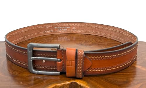 Men's Genuine Leather Belt, 40 MM Width, Tan Brown, Chrome Buckle, Designer Stitching3